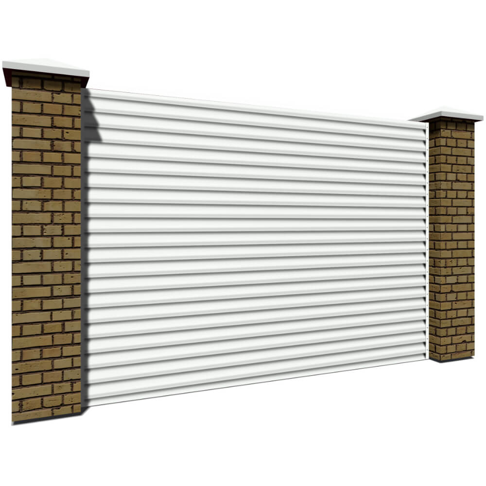Секция забора жалюзи из ламелей еврожалюзи RAL9003 Белый с кирпичными столбами