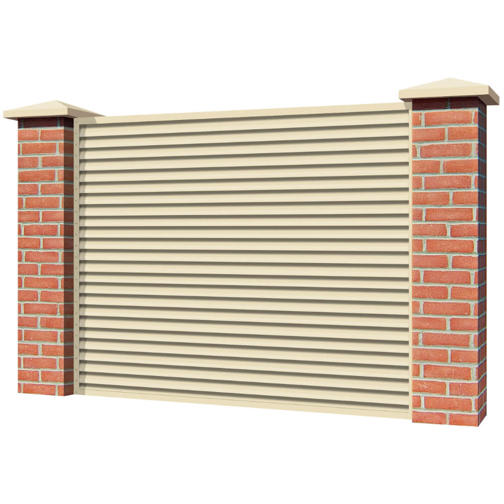 Секция забора жалюзи из ламелей Жалюзи ЭКО-Z RAL1015 Слоновая Кость с кирпичными столбами