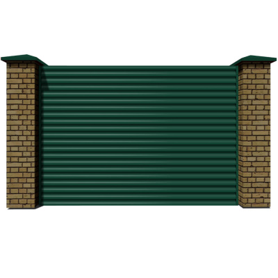 Секция забора жалюзи из ламелей еврожалюзи RAL6005 Зеленый Мох с кирпичными столбами анфас